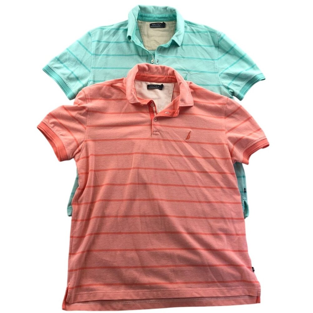 2 Nautica Mens Polo Shirts Large Lot Of Two Short Sleeve Striped Casual Classic